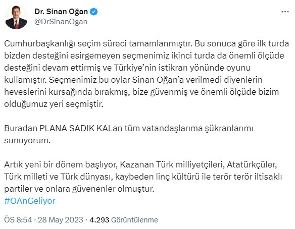 Seçim sonuçlarının ardından Sinan Oğan'dan ilk açıklama: Plana sadık kalanlara şükranlarımı sunuyorum