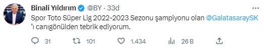 23. kez şampiyonluğa ulaşan Galatasaray'a siyasilerden peş peşe tebrik mesajı