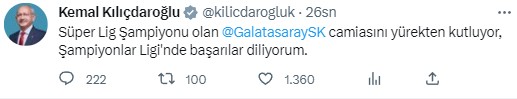 23. kez şampiyonluğa ulaşan Galatasaray'a siyasilerden peş peşe tebrik mesajı