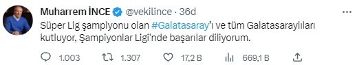 23. kez şampiyonluğa ulaşan Galatasaray'a siyasilerden peş peşe tebrik mesajı