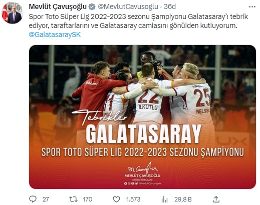 23. kez şampiyonluğa ulaşan Galatasaray'a siyasilerden peş peşe tebrik mesajı