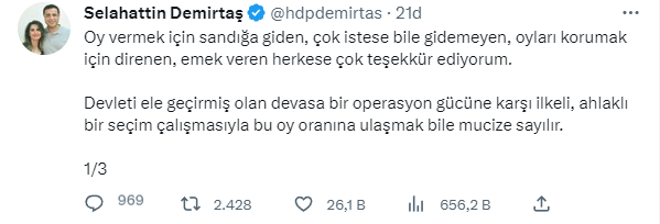 Cumhurbaşkanı Erdoğan'ın seçimi kazanması sonrası Demirtaş'tan art arda paylaşımlar: Asla teslim olmak yok