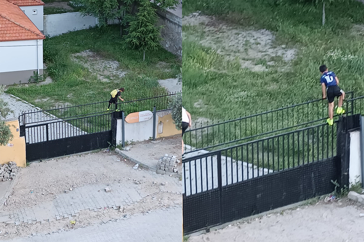 Stadın demir korkuluklarından atlayan gençler tehlikeye aldırmıyor