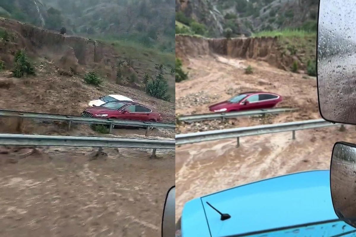 Selin dağlardan getirdiği çamur 2 aracı böyle yuttu