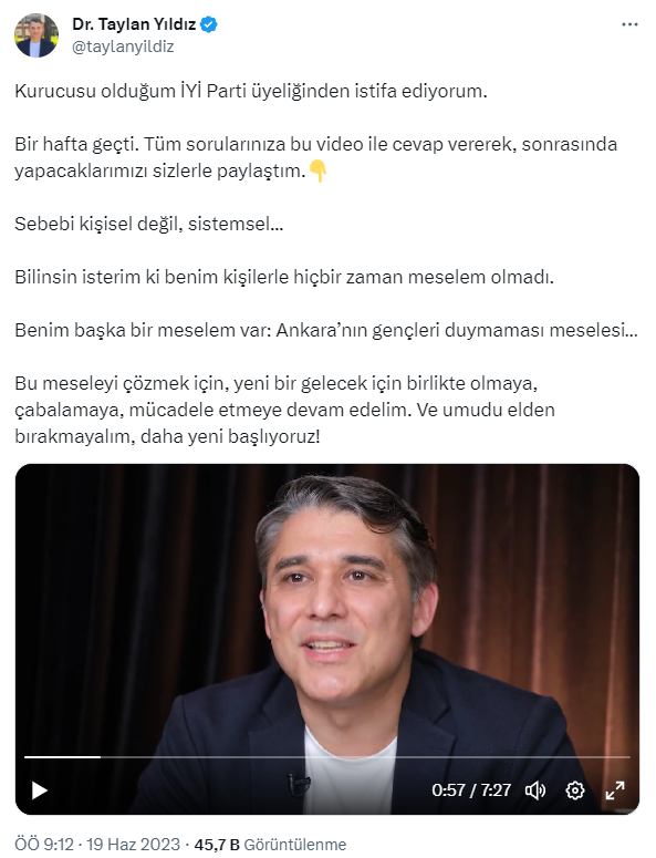 İYİ Parti'de deprem sürüyor! Parti kurucularından Taylan Yıldız da görevinden istifa etti