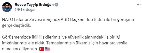 İletişim Başkanlığı: Erdoğan-Biden görüşmesinde siyasi, ekonomik ilişkiler, güvenlik alanındaki iş birliği imkanları ele alındı