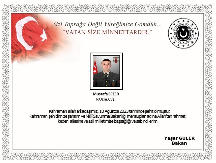 Bakan Güler’den şehit uzman çavuş için taziye mesajı