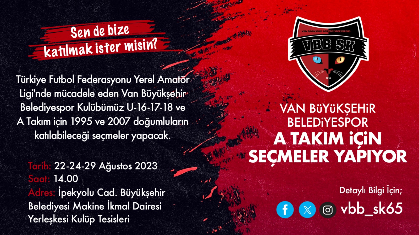 Van Büyükşehir Belediyespor A takım için seçmeler yapacak