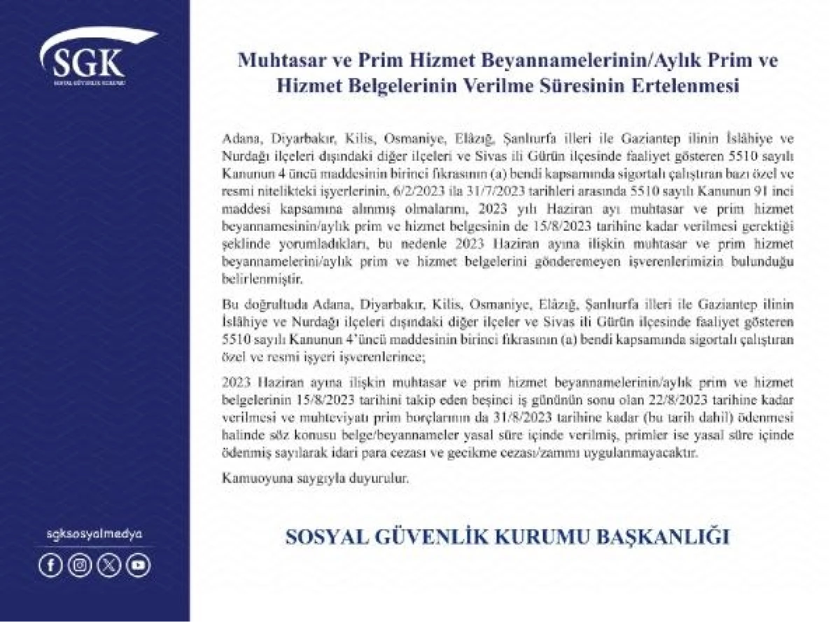 Depremden Etkilenen İllerde Prim ve Hizmet Belgelerinin Teslim Süresi Uzatıldı