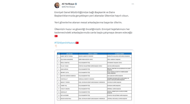 Bakan Yerlikaya: “Emniyet Genel Müdürlüğümüzde atamaları gerçekleşen mesai arkadaşlarımı tebrik ediyorum”