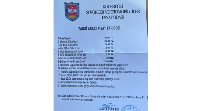 Kdz.Ereğli’de taksi ücretlerine zam geldi
