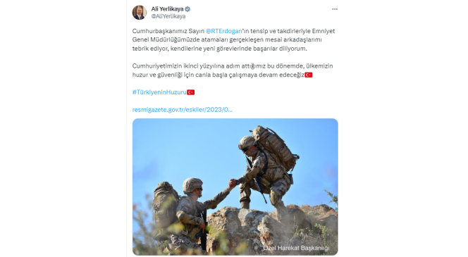 Bakan Yerlikaya: “Emniyet Genel Müdürlüğümüzde atamaları gerçekleşen mesai arkadaşlarımı tebrik ediyorum”