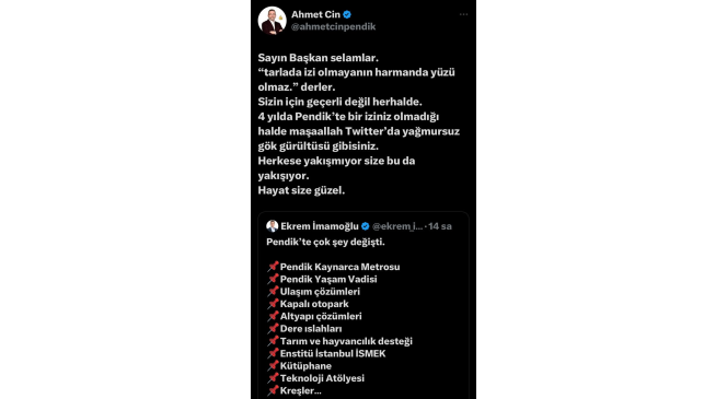 Pendik Belediye Başkanı Cin’den İmamoğlu’nun paylaşımına manidar cevap