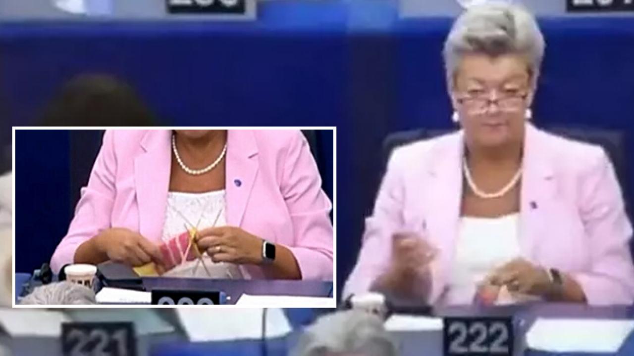 Başkan konuşurken AB Komisyonu üyesi örgü ördü