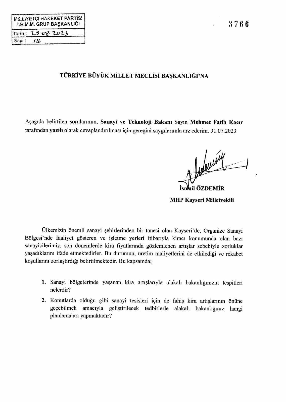 MHP’li Özdemir, sanayi bölgelerinde yaşanan kira artışlarını sordu