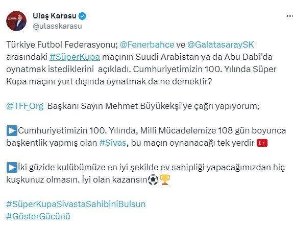 Karasu’dan anlamlı çağrı “Süper Kupa maçı Sivas’ta oynansın”