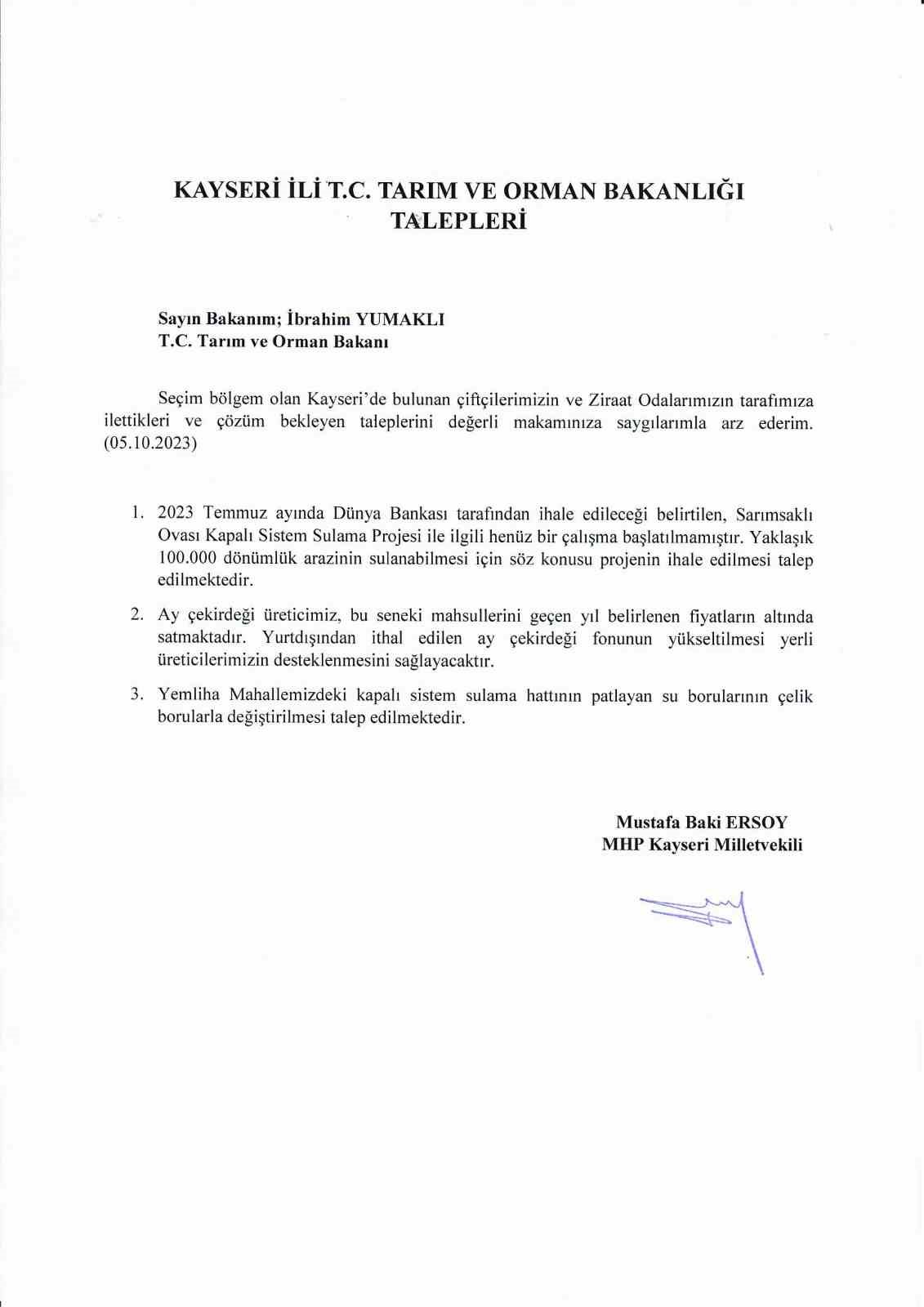 Milletvekili Ersoy, Bakan Yumaklı’ya Kayserili çiftçilerin taleplerini iletti
