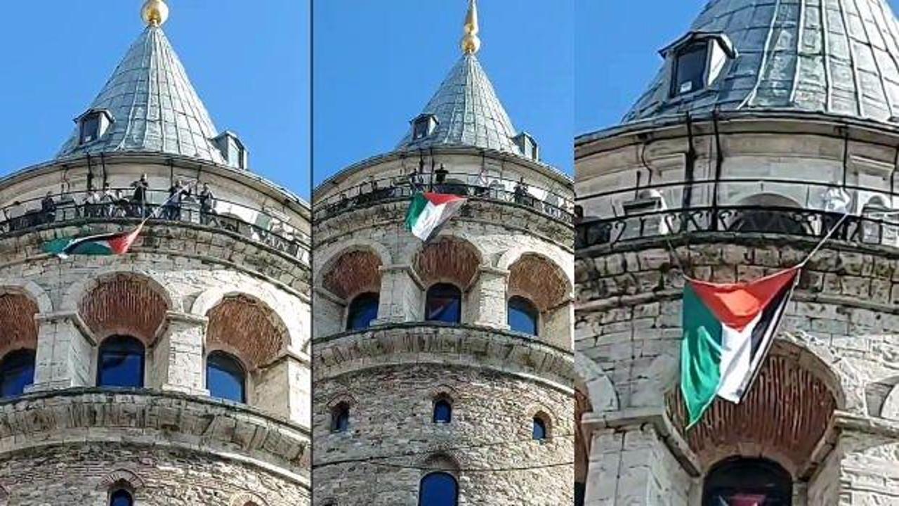 Galata Kulesi’nde destek amaçlı Filistin bayrağı açıldı