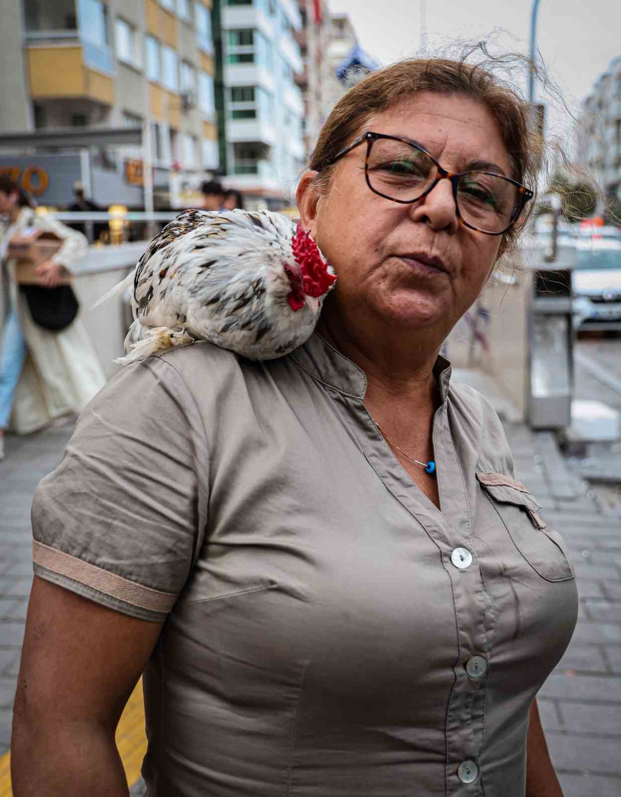 İzmir sokaklarını omuzunda ’Horoz Bıdık’ ile karış karış geziyor