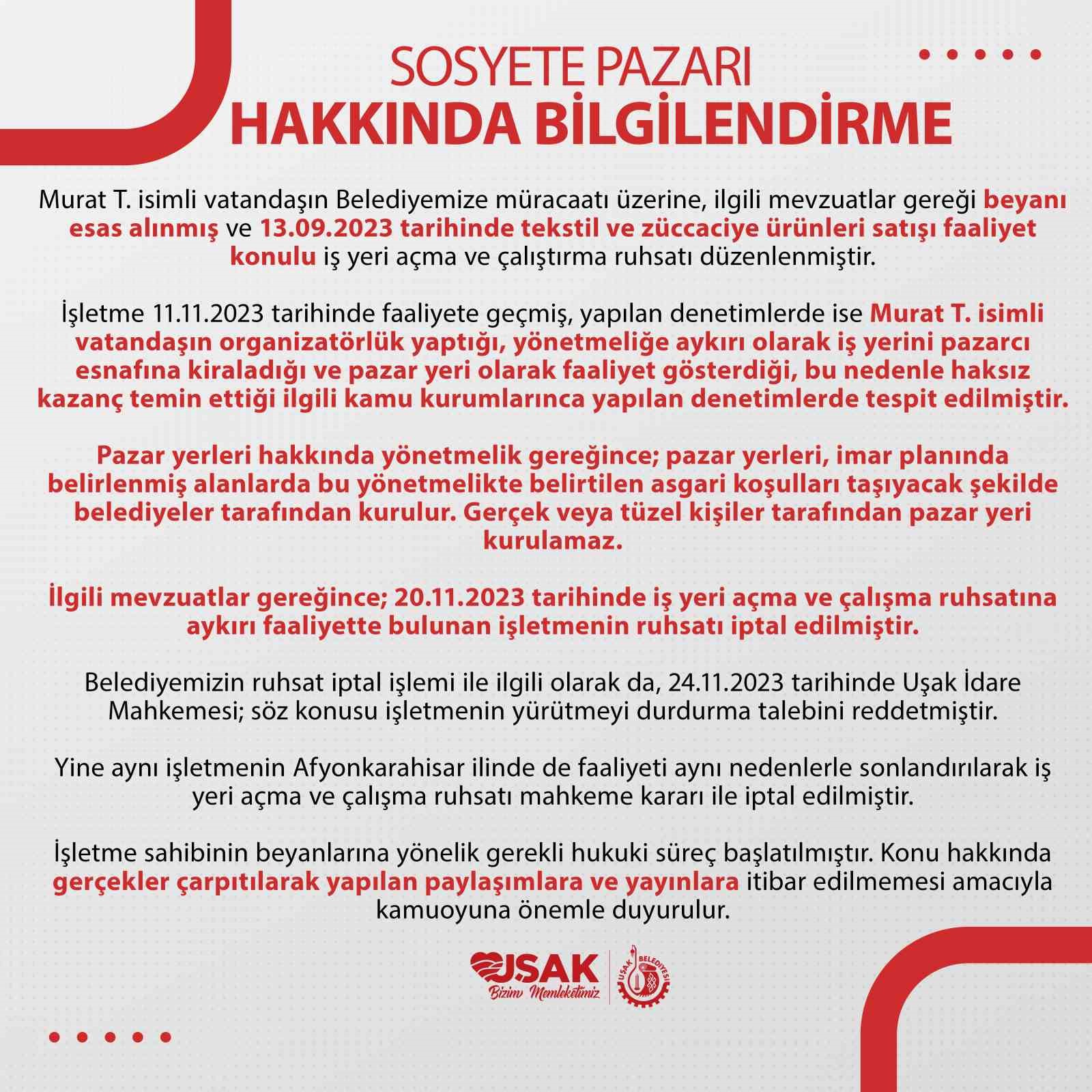 Uşak Belediyesi’nden sosyete pazarı bilgilendirmesi