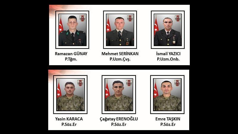 Irak’ın kuzeyinde şehit olan 6 askerin kimlikleri açıklandı