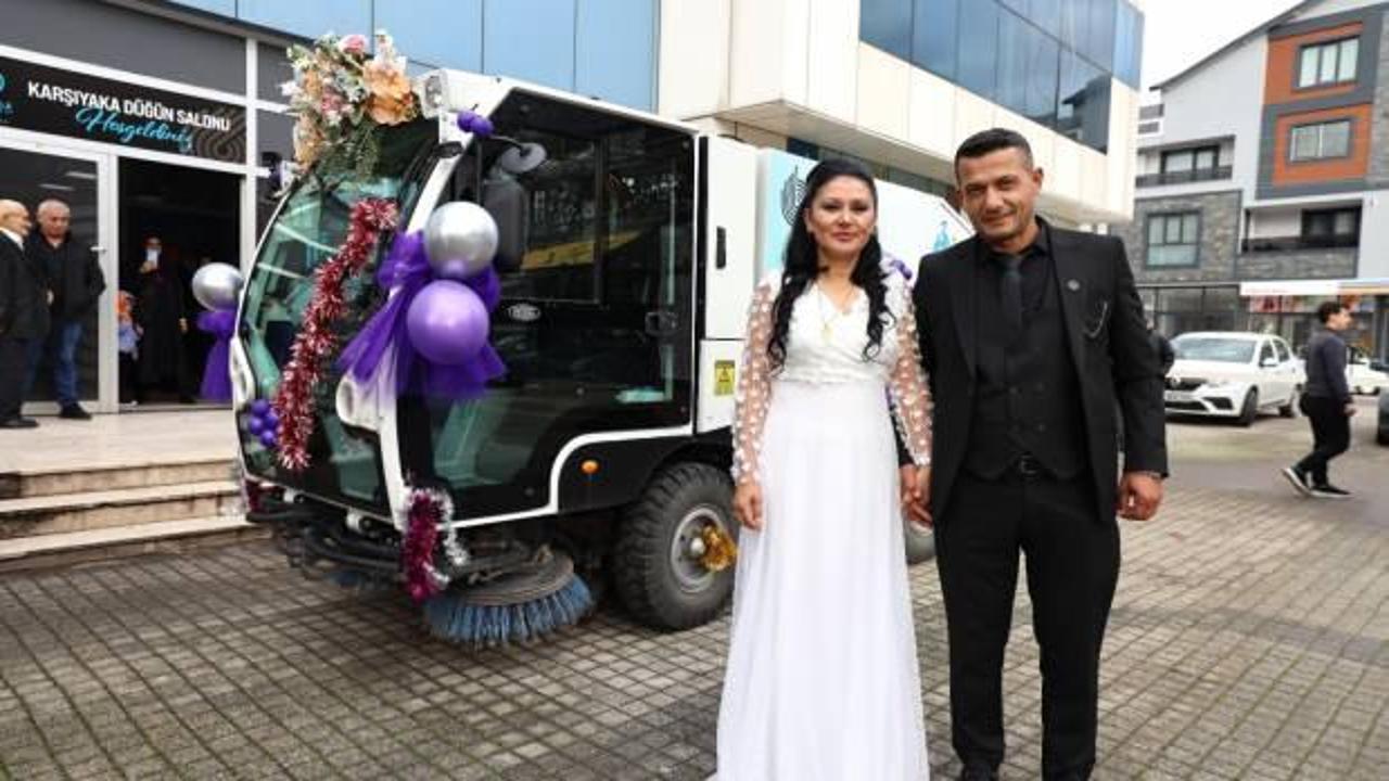 Kullandığı süpürge aracı gelin arabası oldu