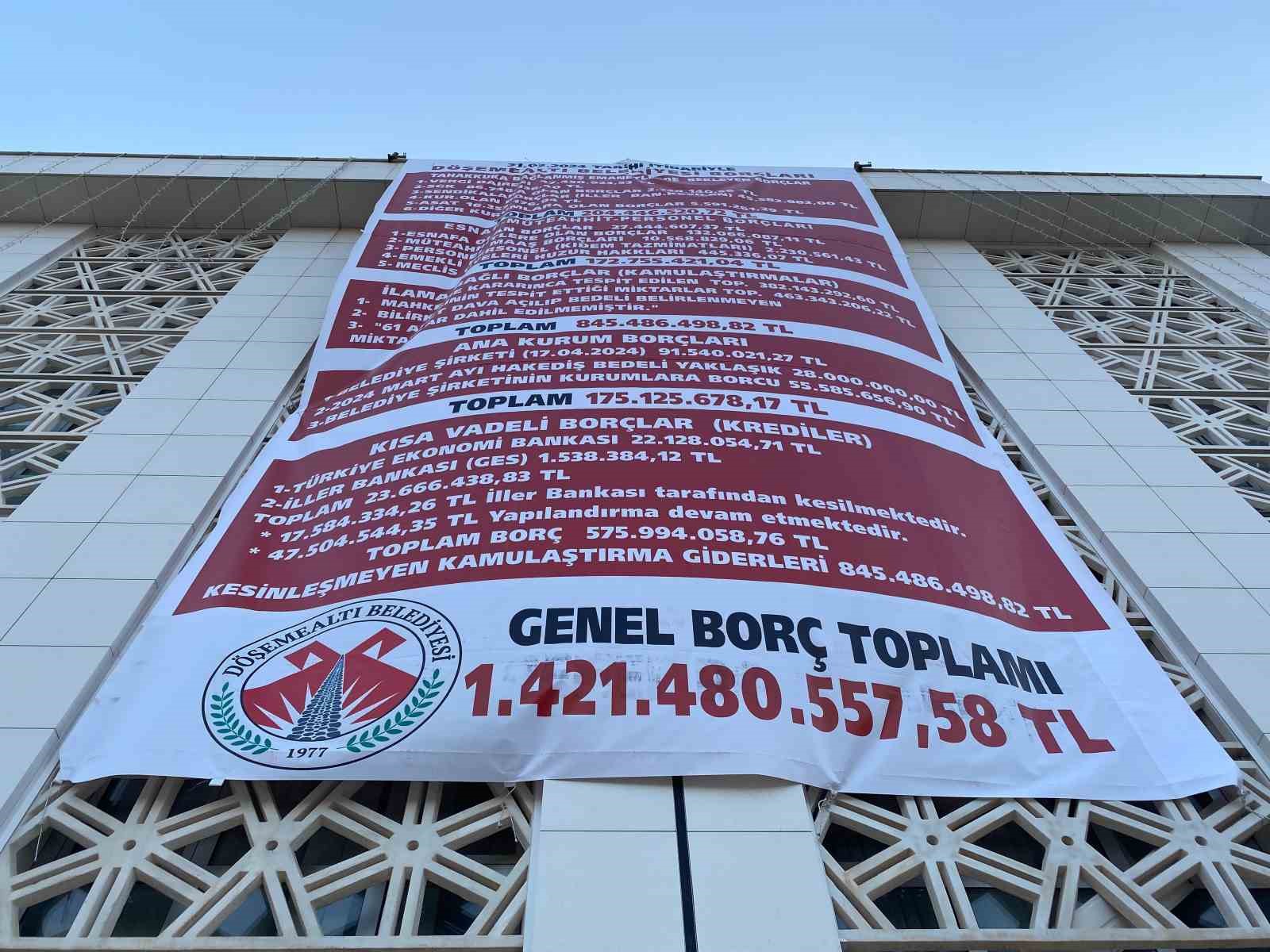 CHP’li belediye, önceki CHP’li yönetimin borçlarını belediye binasına astı