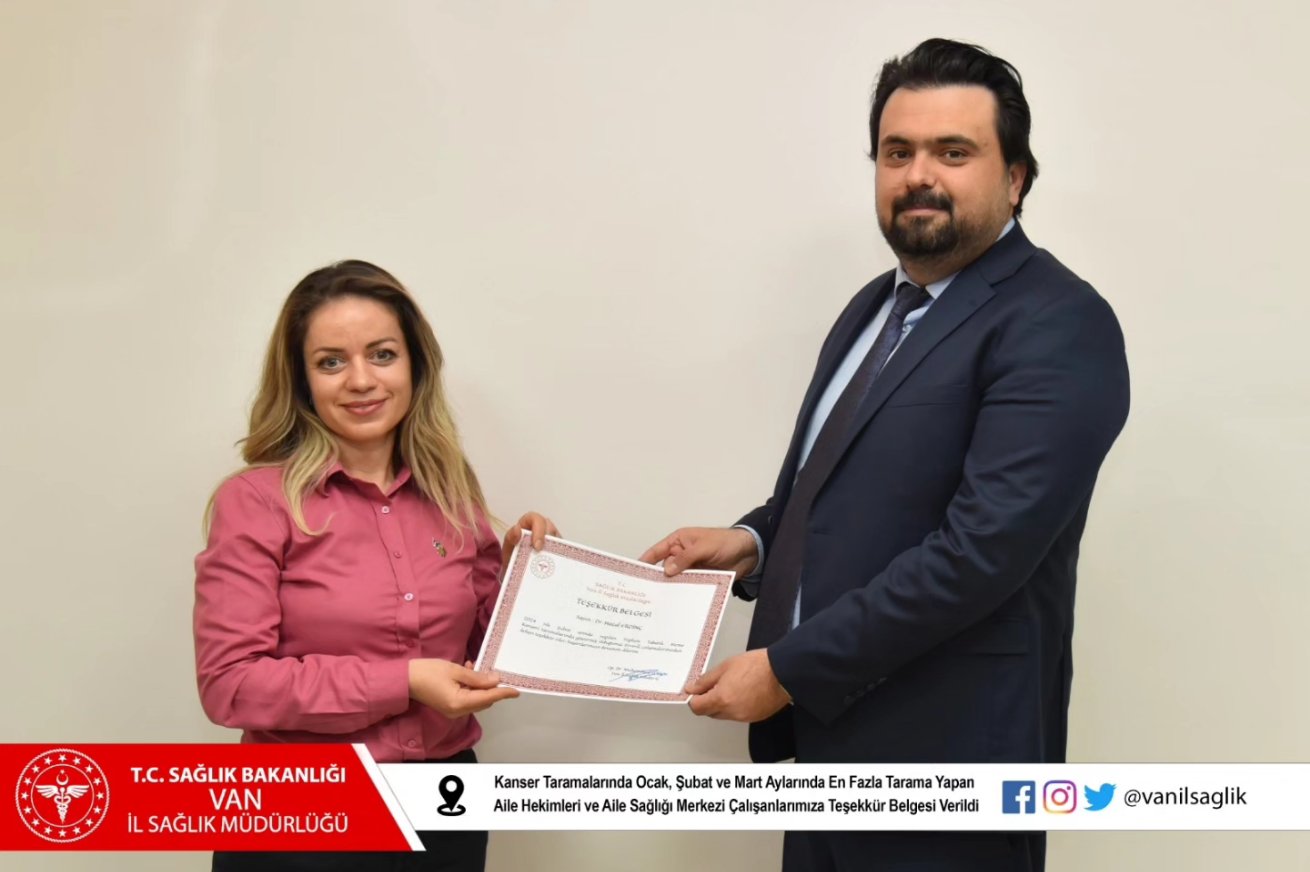 Van İl Sağlık Müdürlüğünden sağlık kuruluşlarına teşekkür belgesi