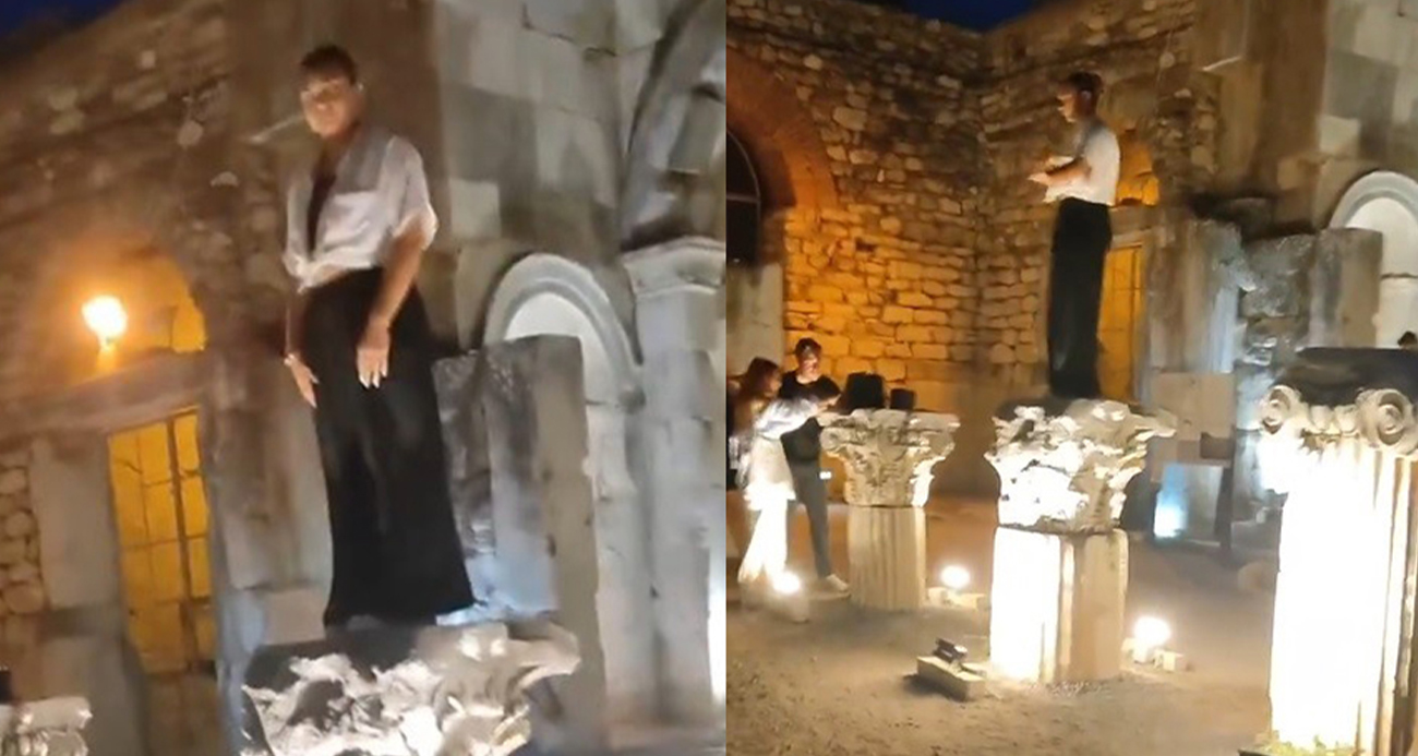 Görüntüler pes dedirtti! Tarihi kalıntıların üzerine çıkıp fotoğraf çekildiler