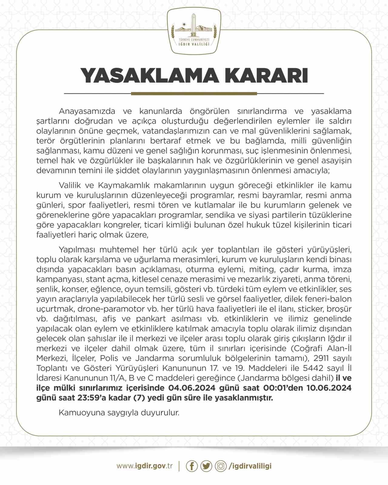 Iğdır Valiliği’nden yasaklama!