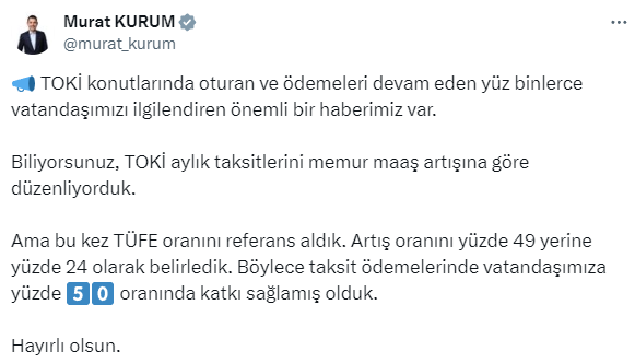 Müjdeyi Bakan Kurum verdi! TOKİ taksit ödemelerinde büyük indirim