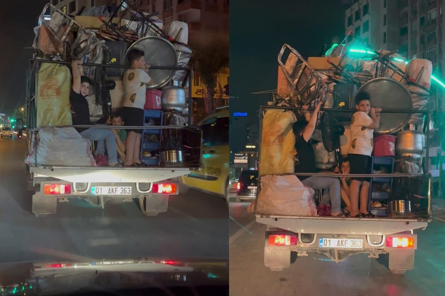 Çocukların eşya yüklü kamyonetteki tehlikeli yolculuğu
