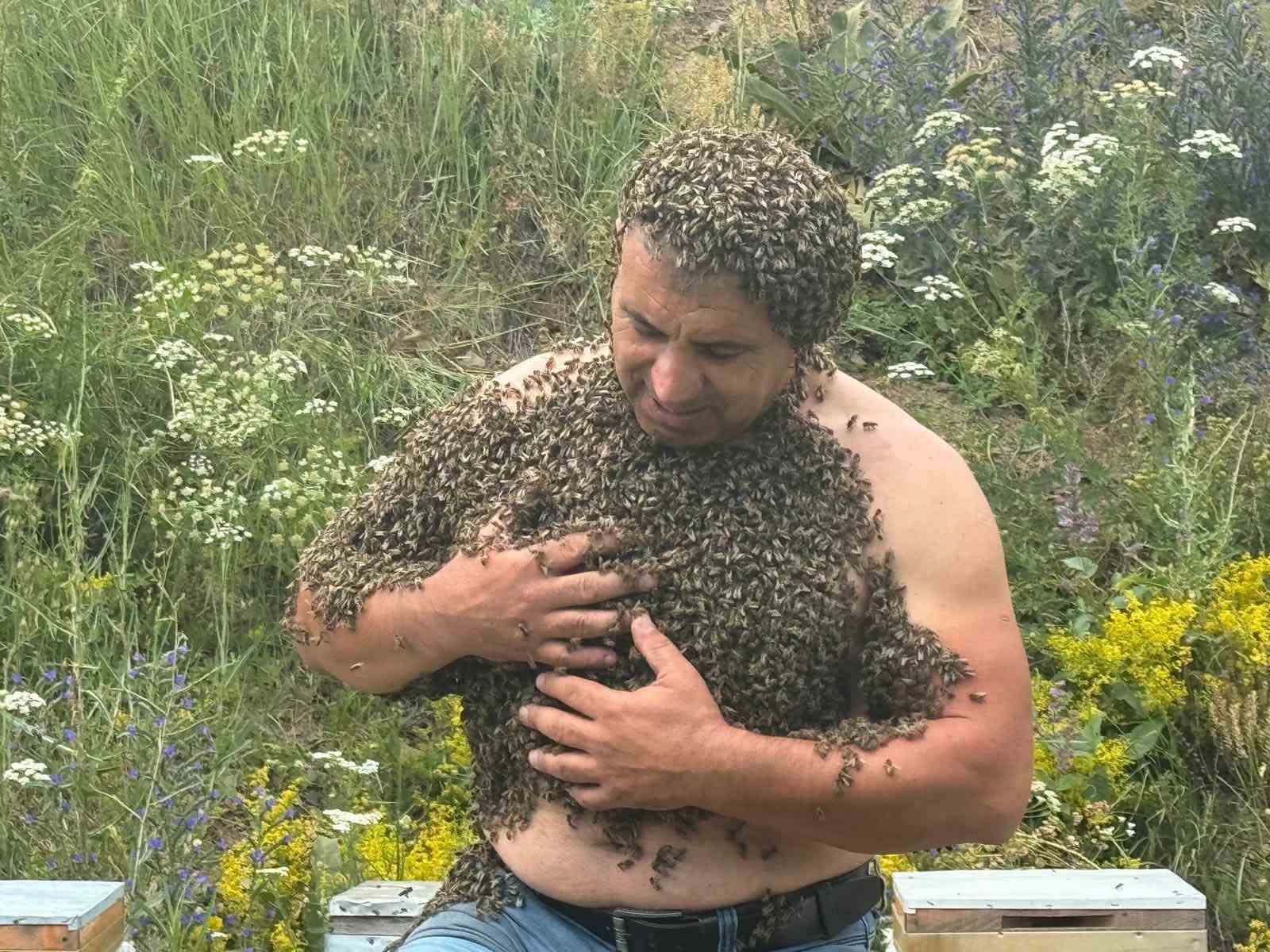 Vücuduna topladığı  binlerce arıyla savaşlara dikkat çekti