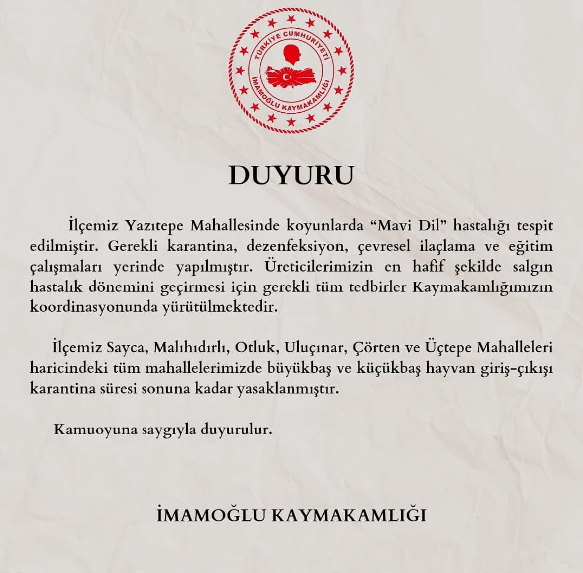 Bir mahalleye ‘mavi dil’ karantinası