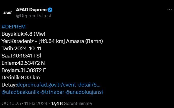 Bartın’da 4,8 büyüklüğünde deprem