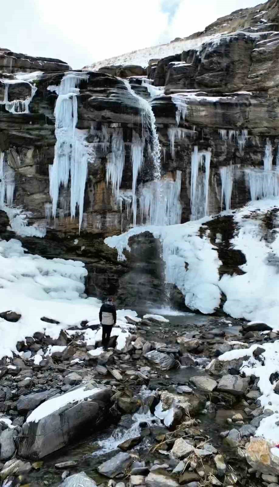 Hakkari’de şelale dondu, buz sarkıtlarının boyu 4 metreyi buldu
