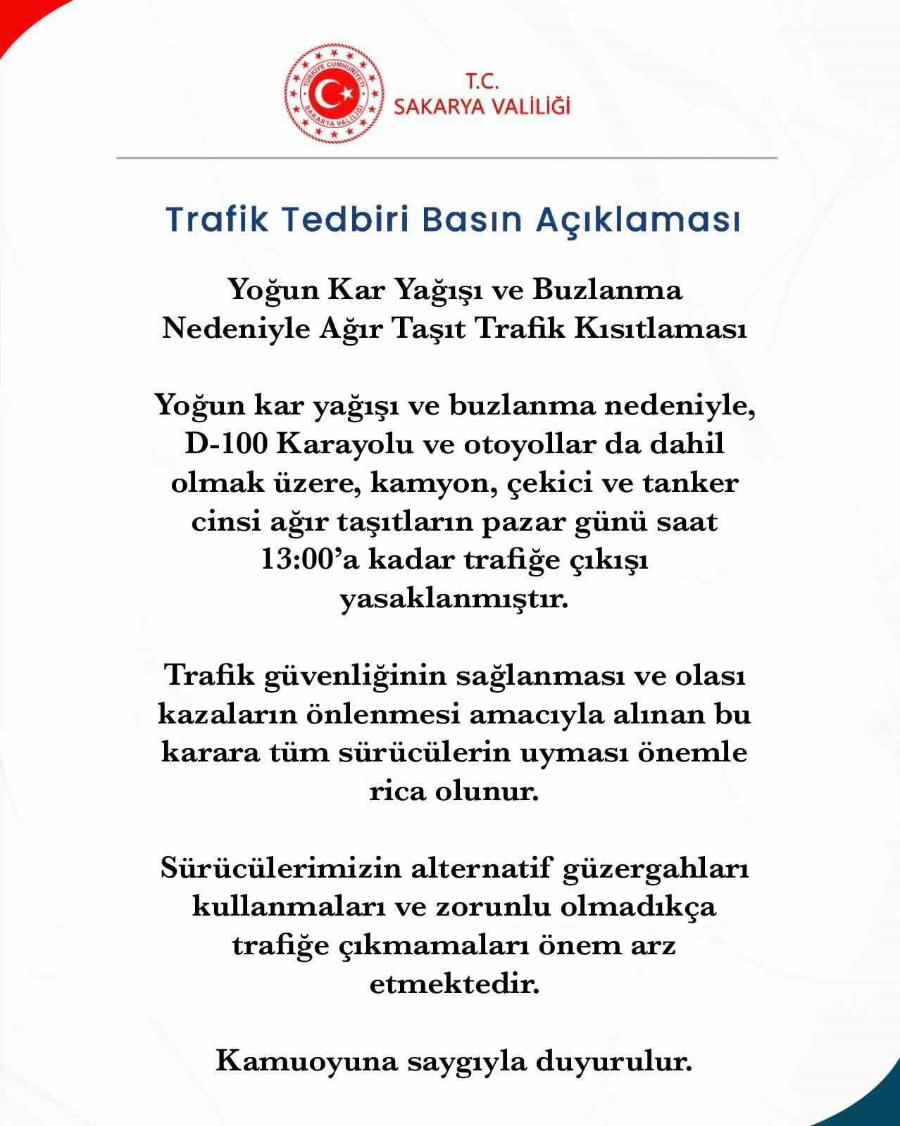 Sakarya’da ağır taşıt cinsi araçların otoyol ve D-100’e çıkışı yasaklandı