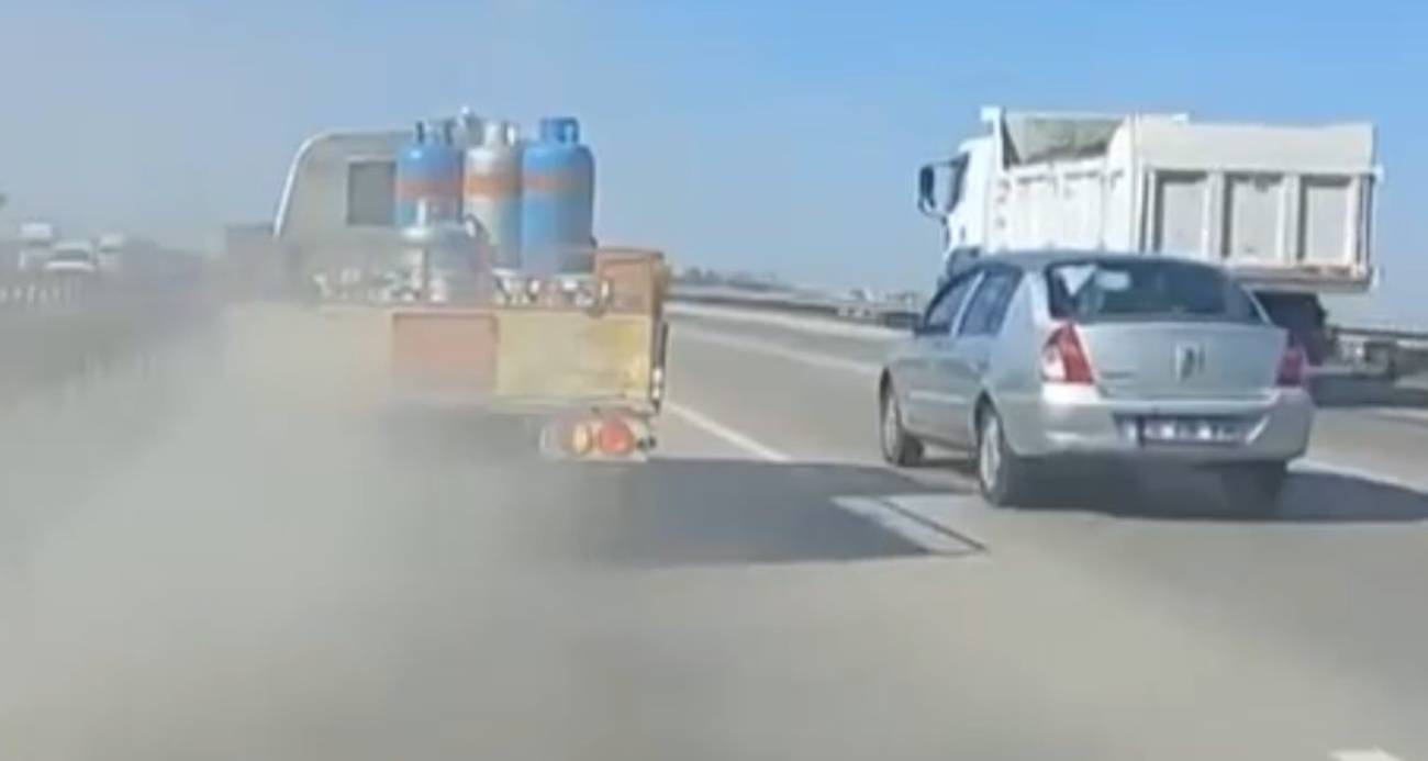 Tüp kamyonunun lastiği patladı: Korku dolu anlar kamerada