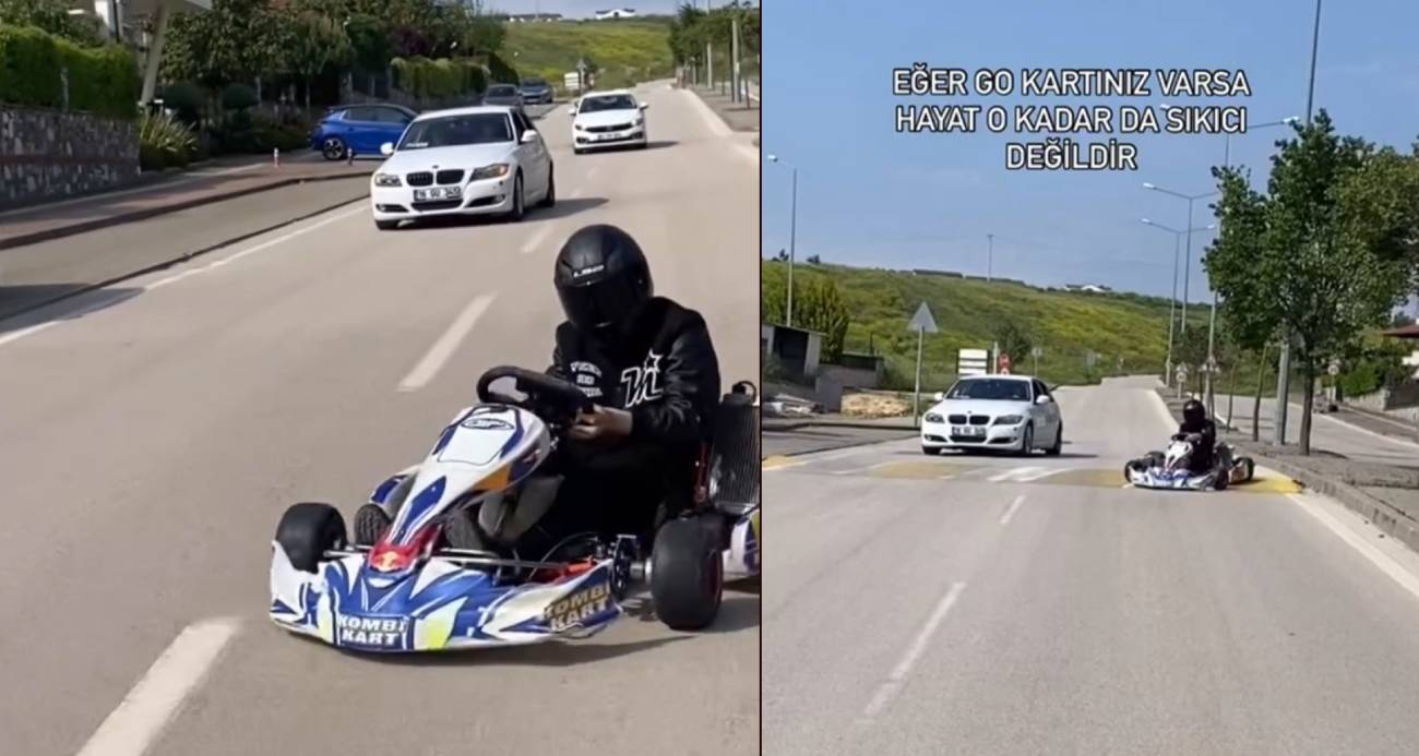Go kart sürücüsü pisti şaşırdı, trafiğe çıkıp drift attı