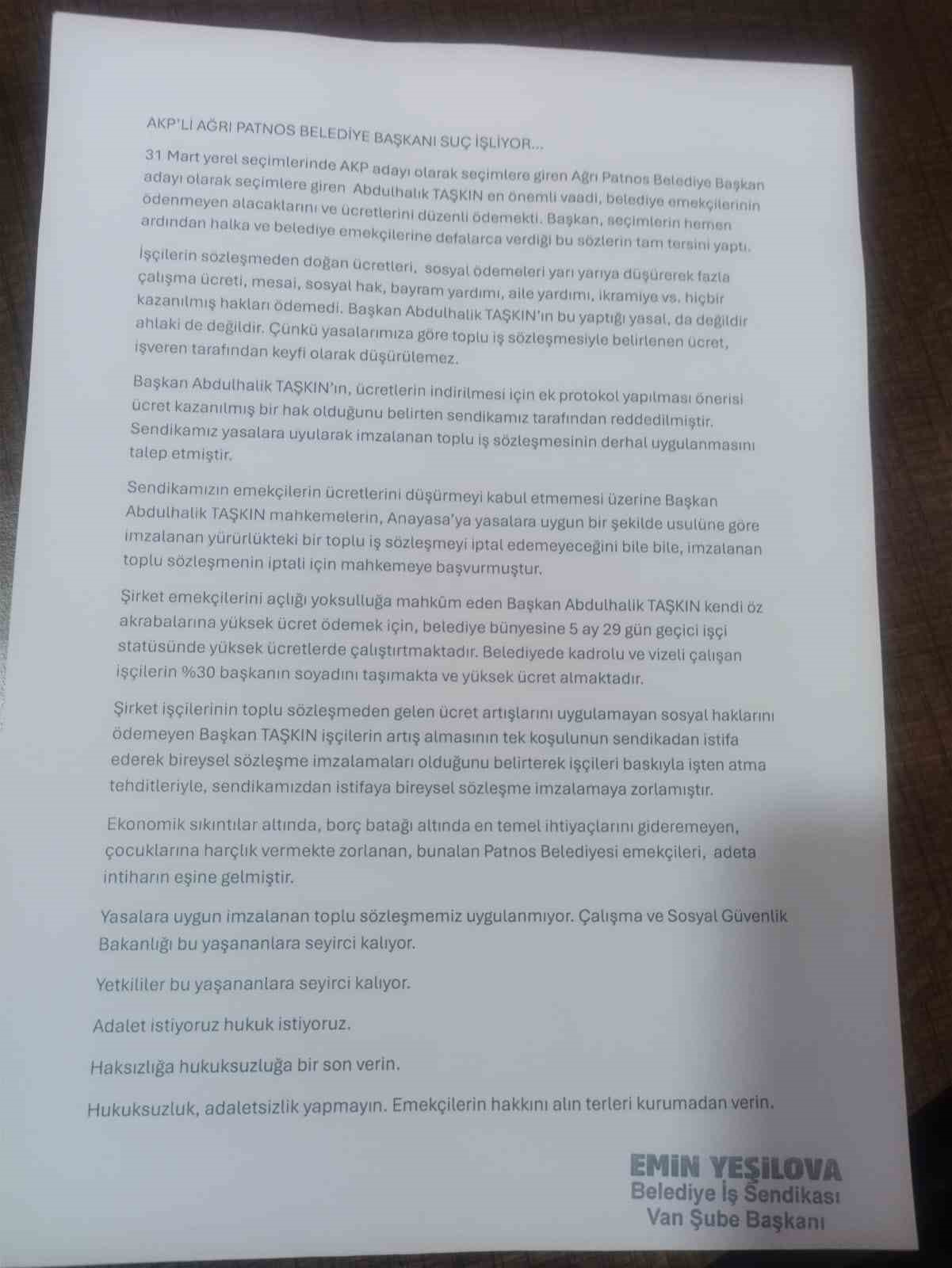 Patnos Belediye’si işçileri ödenmeyen maaşlara karşı ses yükseltti