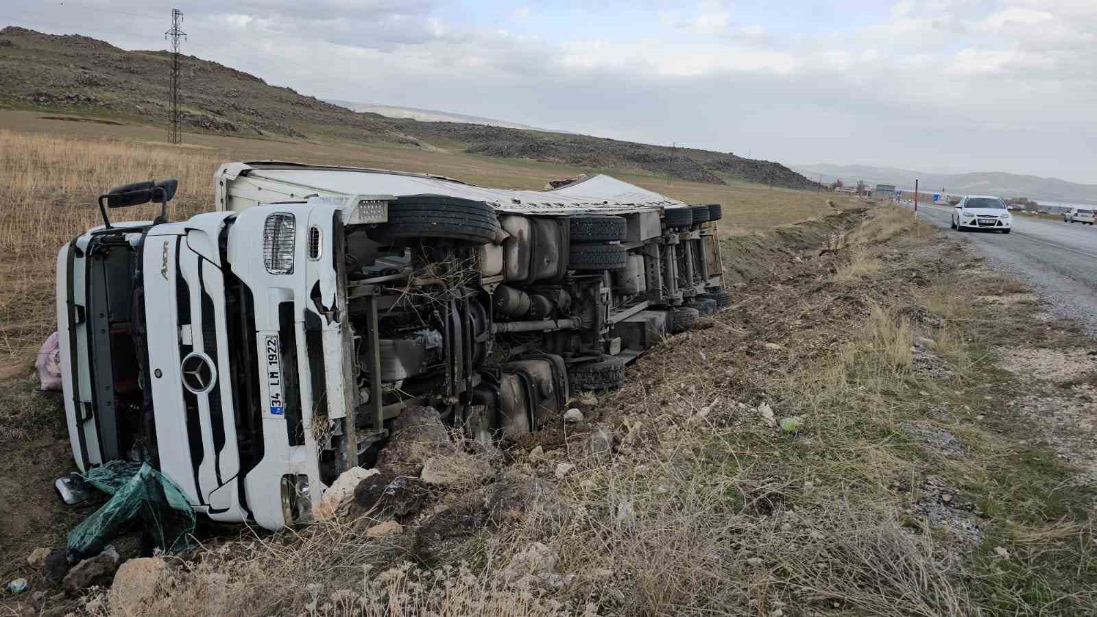 Meyve suyu yüklü tır şarampole devrildi