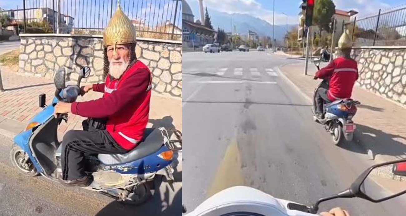 Kask yerine miğfer takan dede görenleri şaşırttı