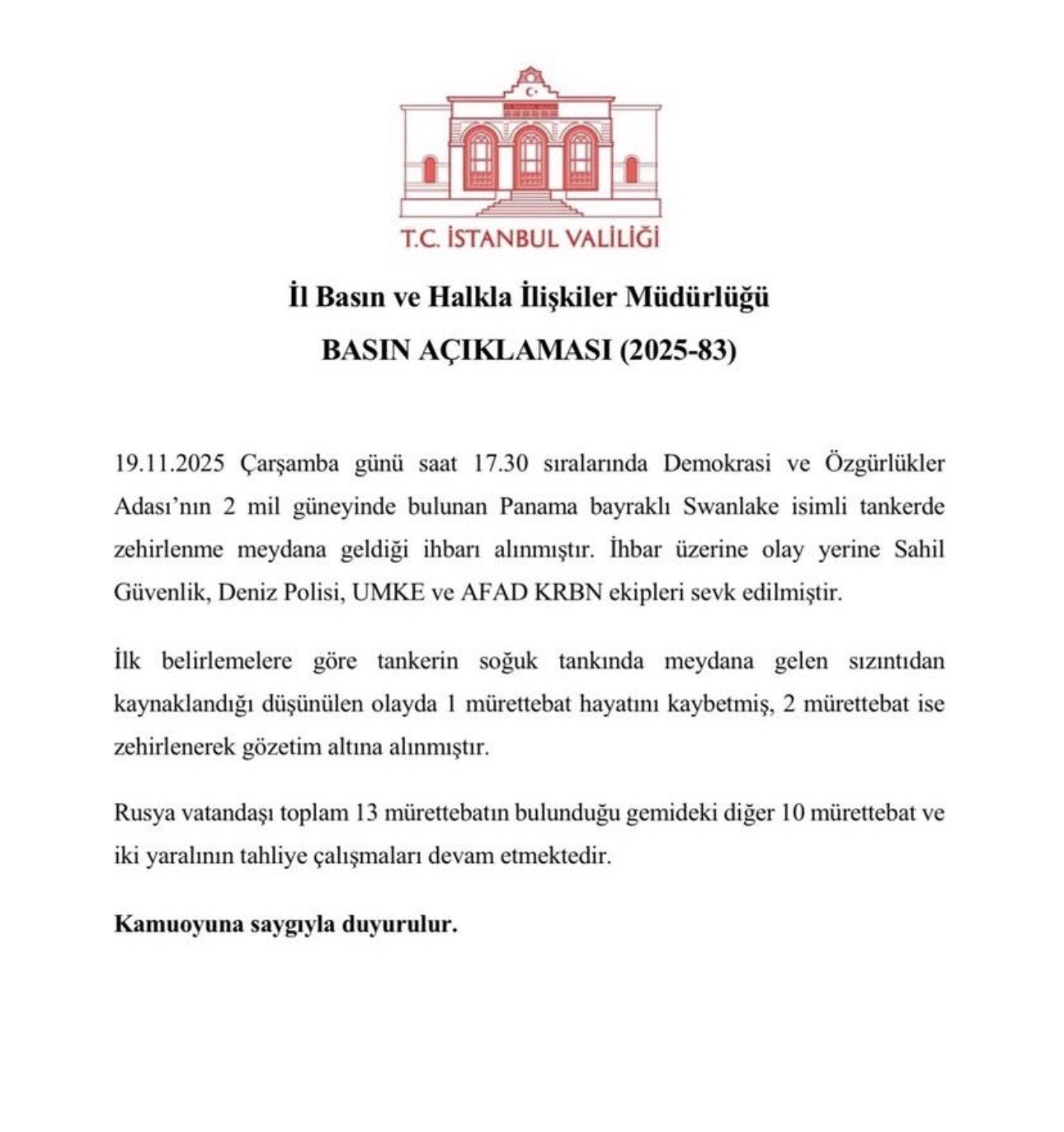 Tanker gemisinde zehirlenme vakası: 1 ölü